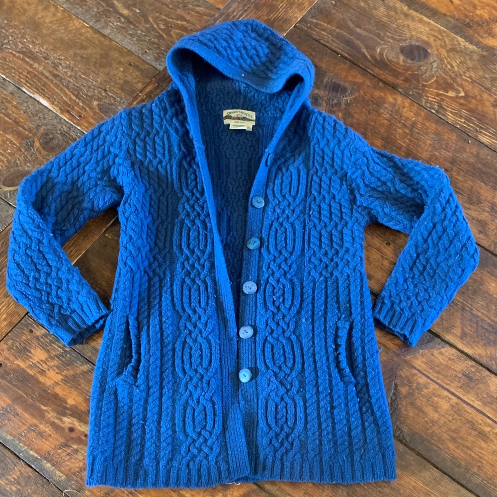 Aran Crafts Hooded Cable Knit Cardigan - Royal Blue small